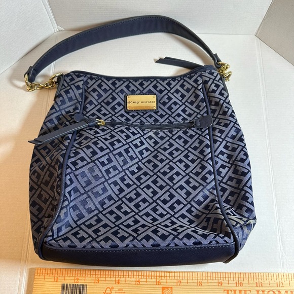 Tommy Hilfiger Handbags - Tommy Hilfiger Hobo Bag Womens Medium Navy Silver Monogram Jacquard